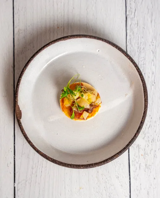 A small plated bite topped with fresh microgreens